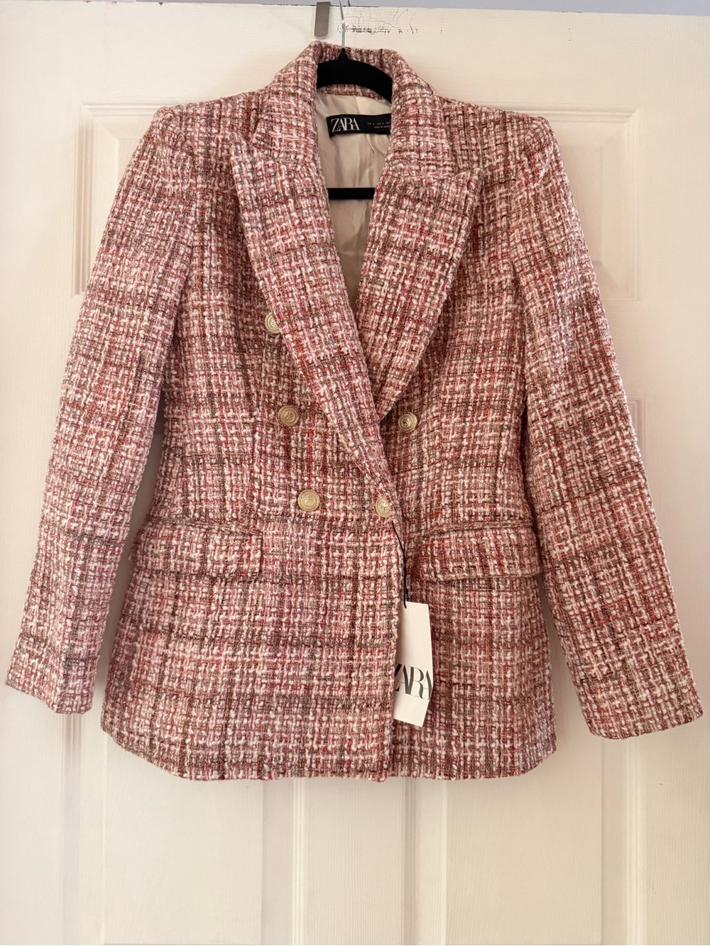 NEW! Zara - Tweed Double-Breasted Blazer - Pink/White - Size S